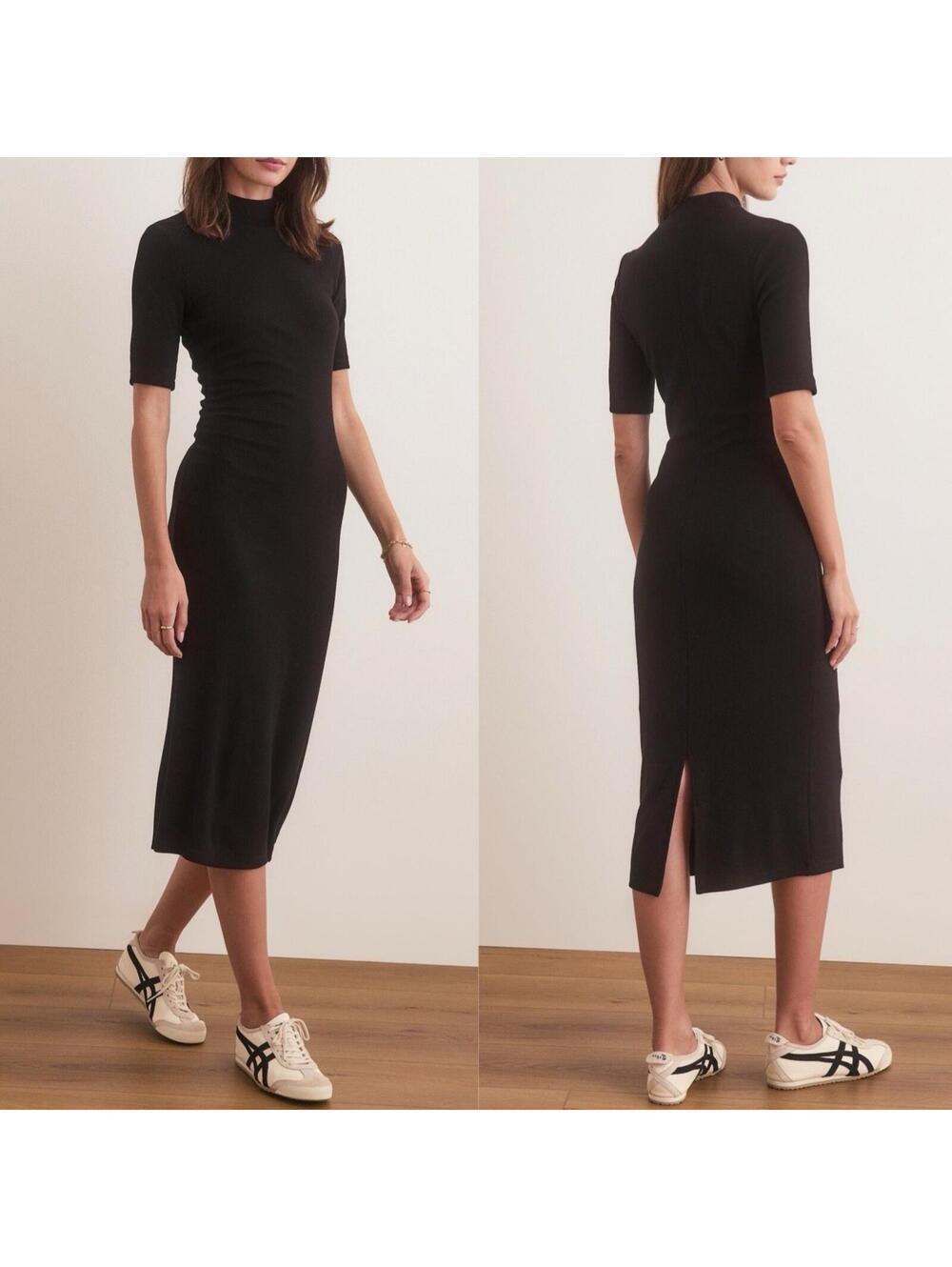 Marine Layer Black Rib Mock Neck Midi Dress SMALL